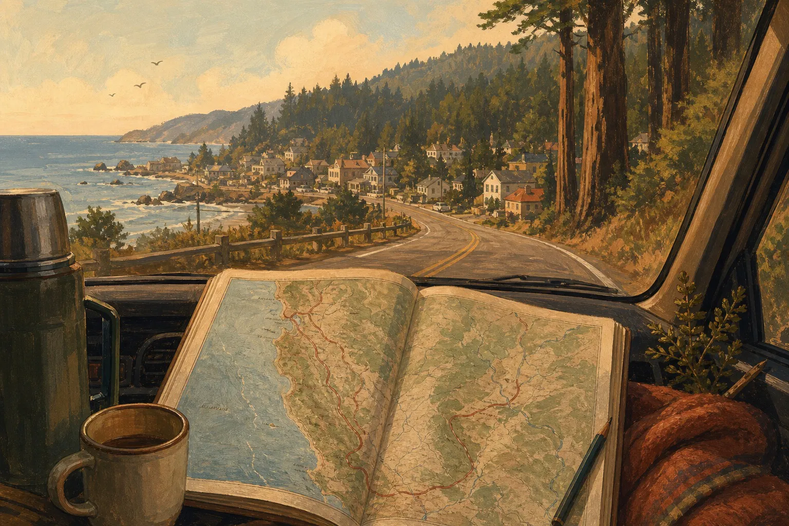 Illustration of an atlas and coffee cup inside a car overlooking a coastal town and winding road.