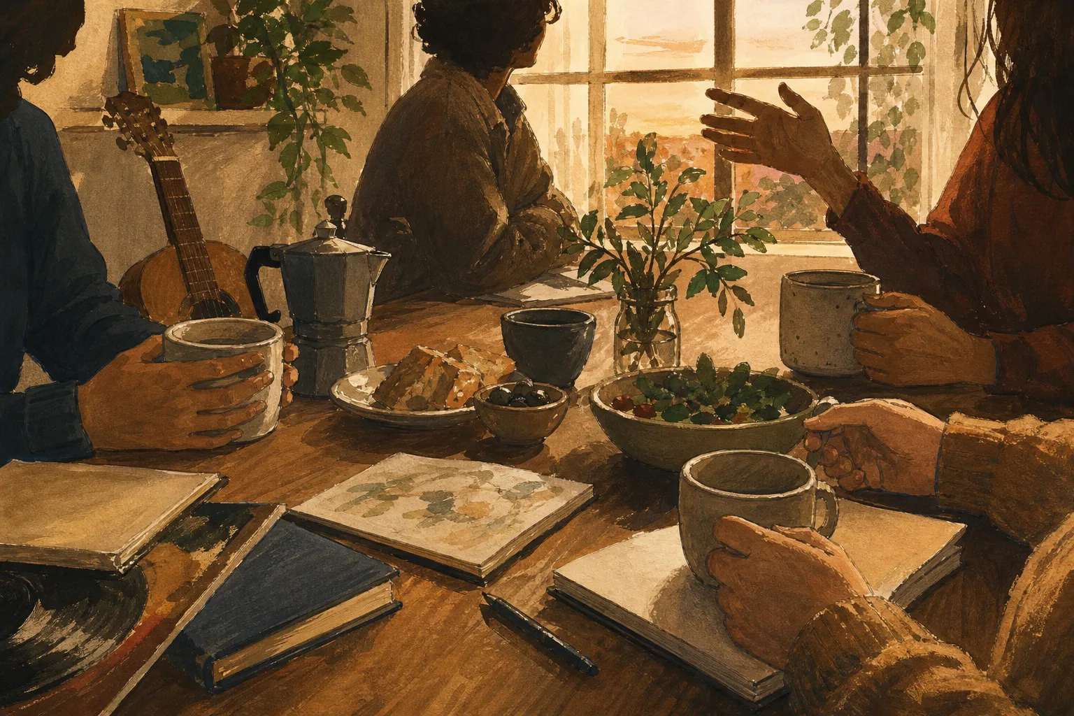 Illustration of coffee cups, books, food, and people gathered in warm conversation around a table.
